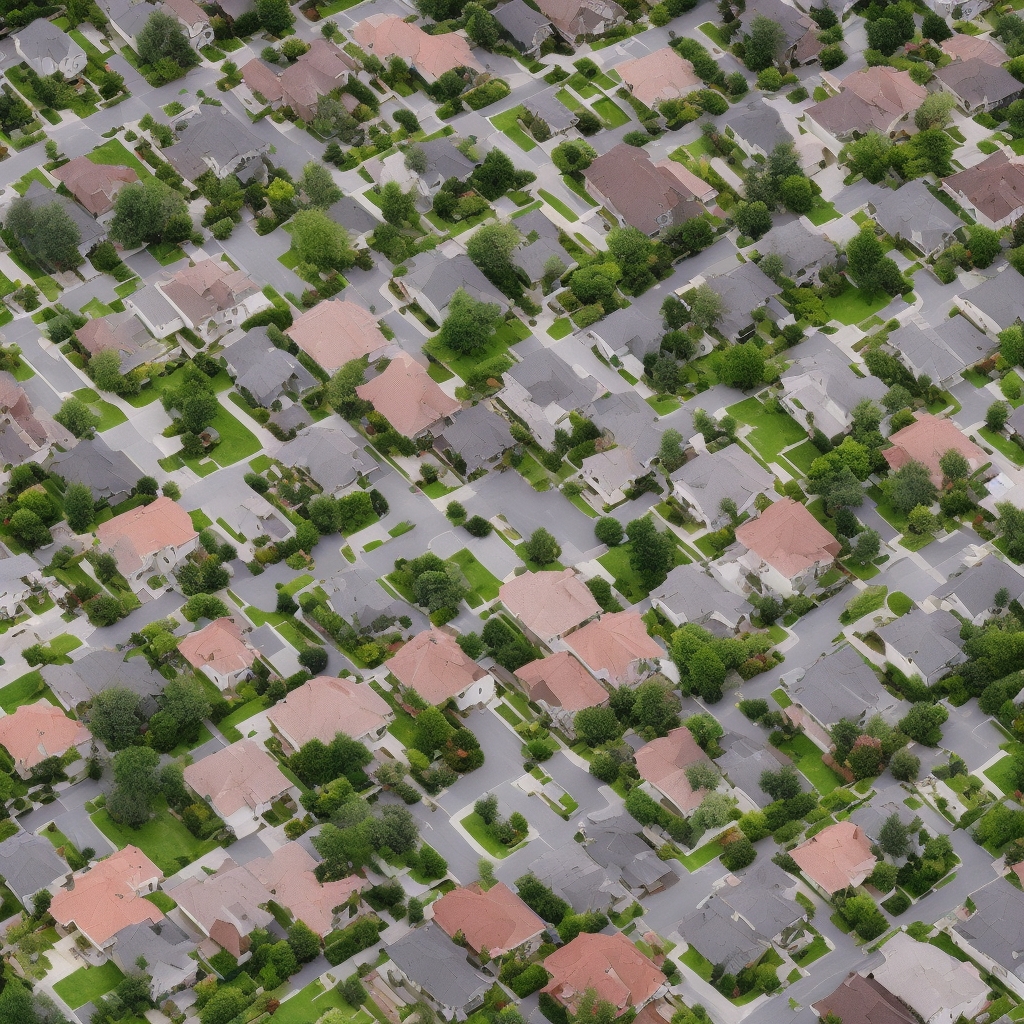 Aerial view of suburban neighborhood with varied roof colors and styles