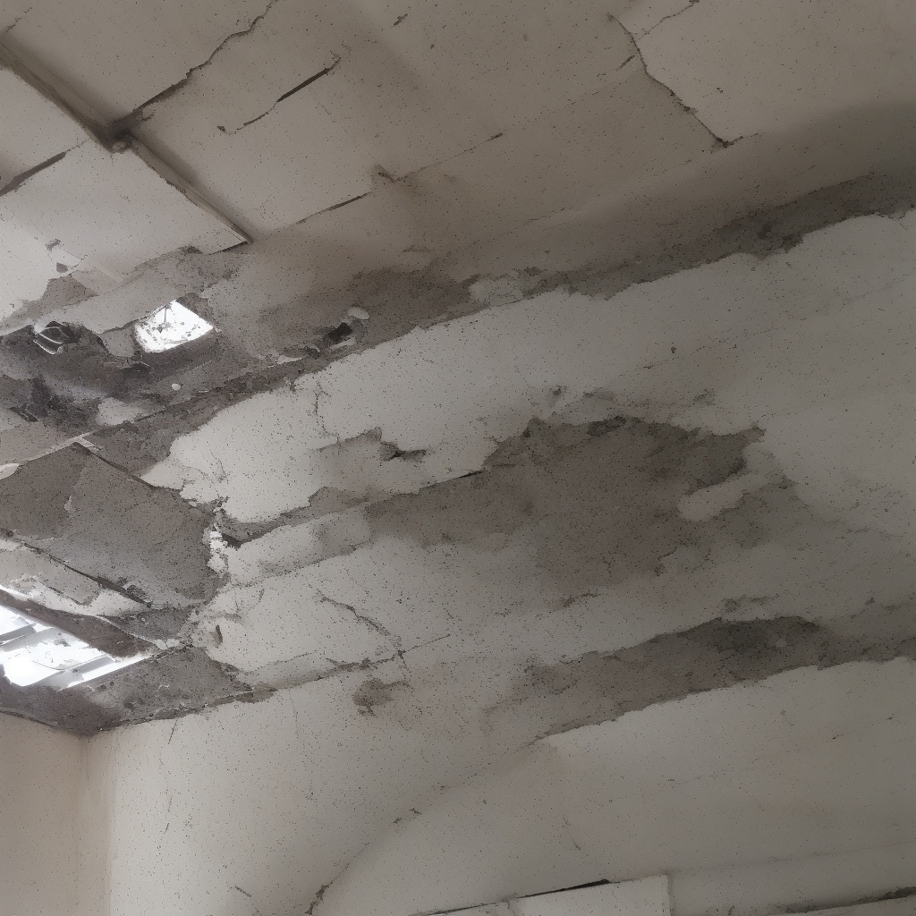 Interior ceiling showing water damage and staining that indicates active roof leak
