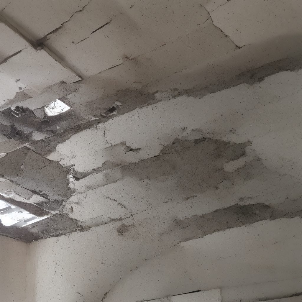 Interior ceiling showing water damage and staining that indicates active roof leak
