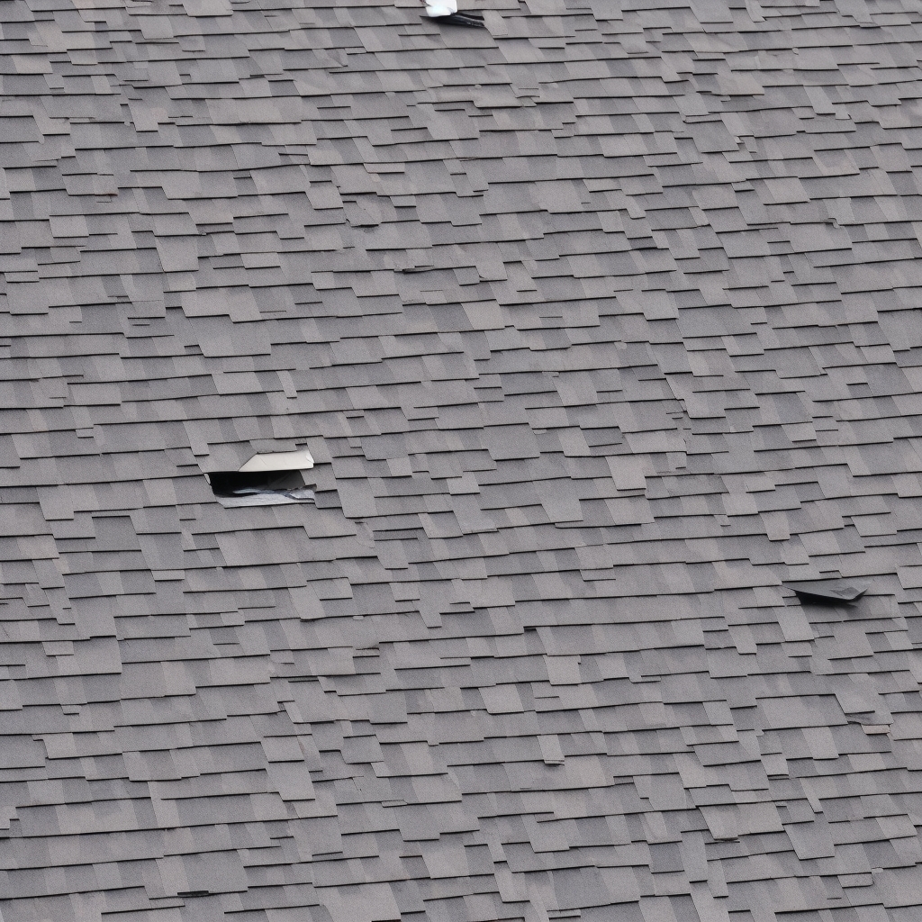 Roof damage showing wind-damaged shingles and deterioration